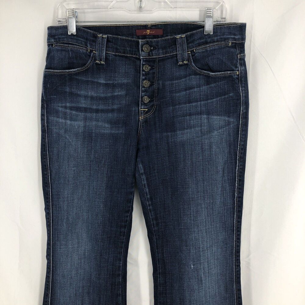 7 For All Mankind Raw Hem Flare Denim Blue Jeans Visible Button Fly 30 33x32 USA